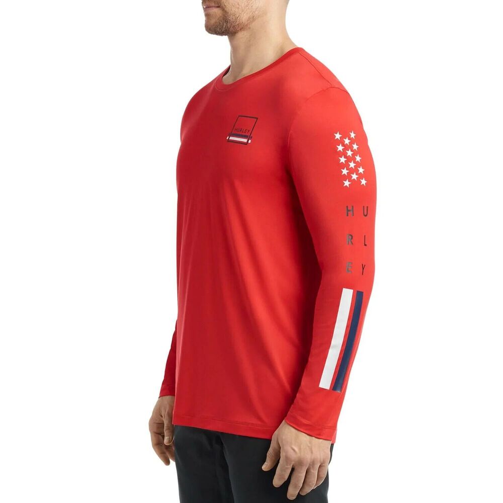 Hurley Long Sleeve Moisture Wicking Graphic Rash Guard Shirt Mens S Red NEW